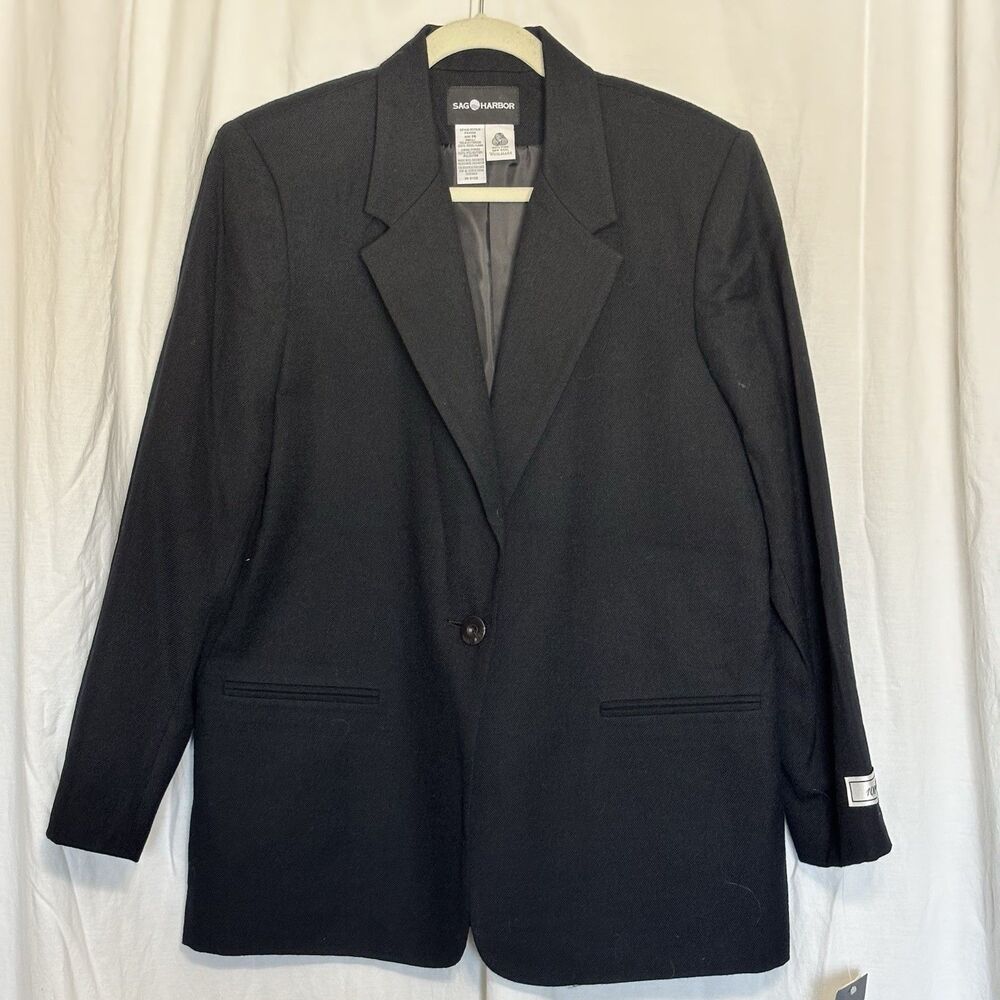 Vintage 90s Y2K Sag Harbor NWT Wool Blazer Womens Sz 14 Black Preppy Academia